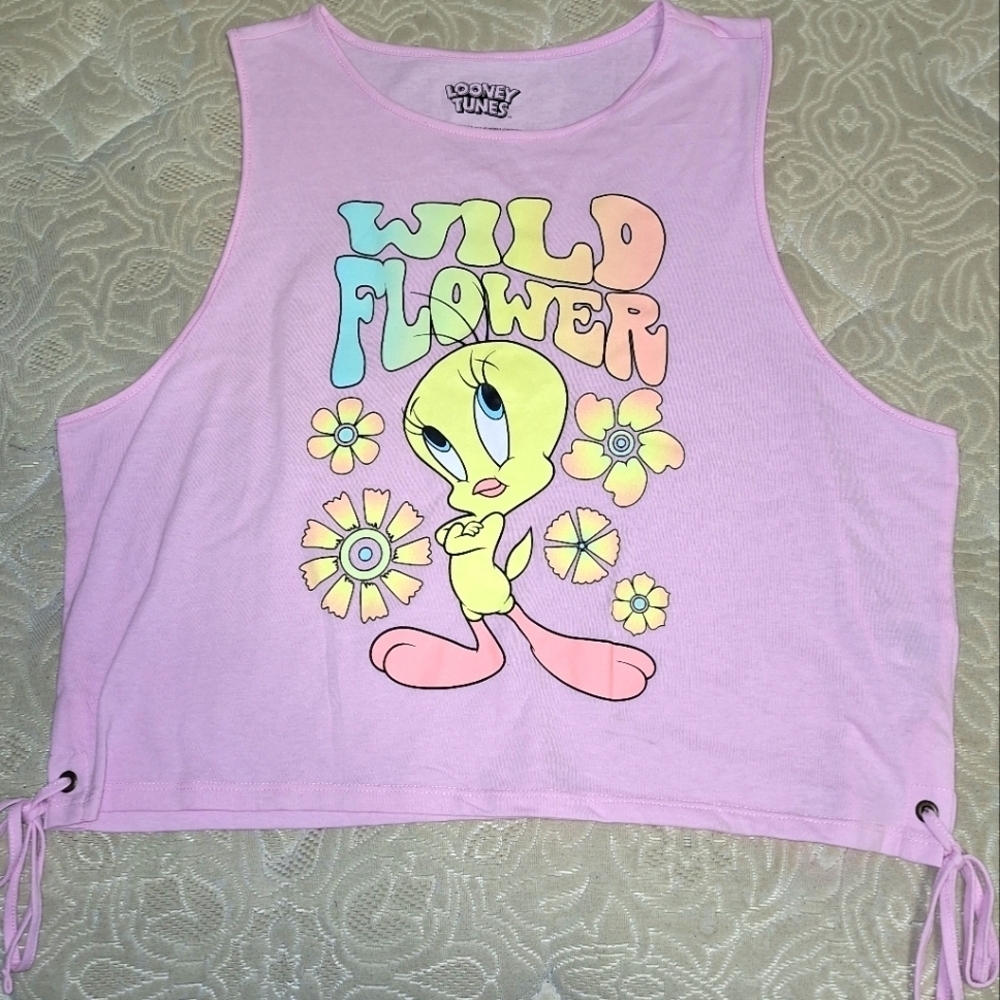 A Looney Tunes Tweety Bird pink 2XL cropped tank top with ties on the side